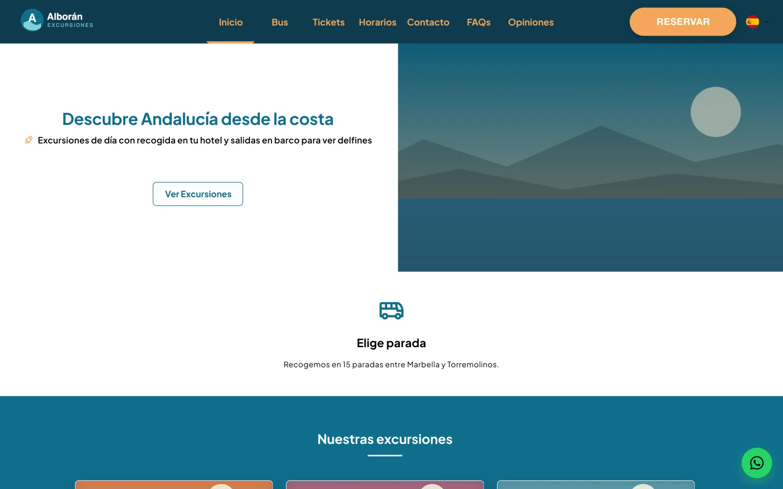 Portada del carrito de una empresa de excursiones con su logo, su menú y el botón Reservar