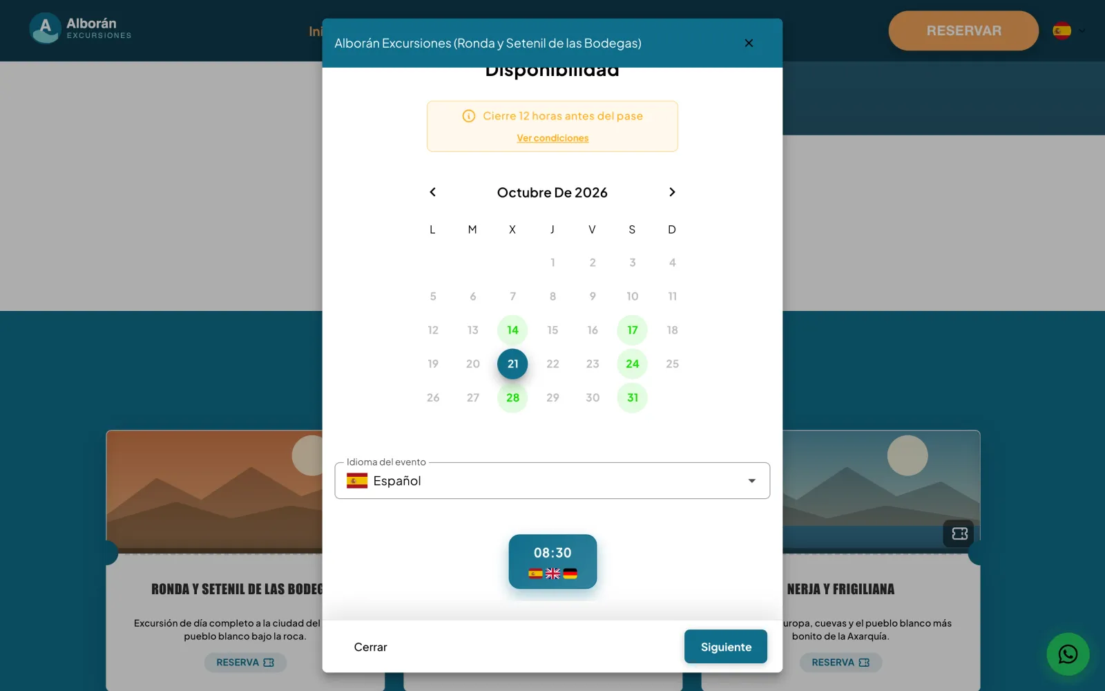 Calendario de disponibilidad del carrito con los días a la venta, el idioma del evento y la hora del pase