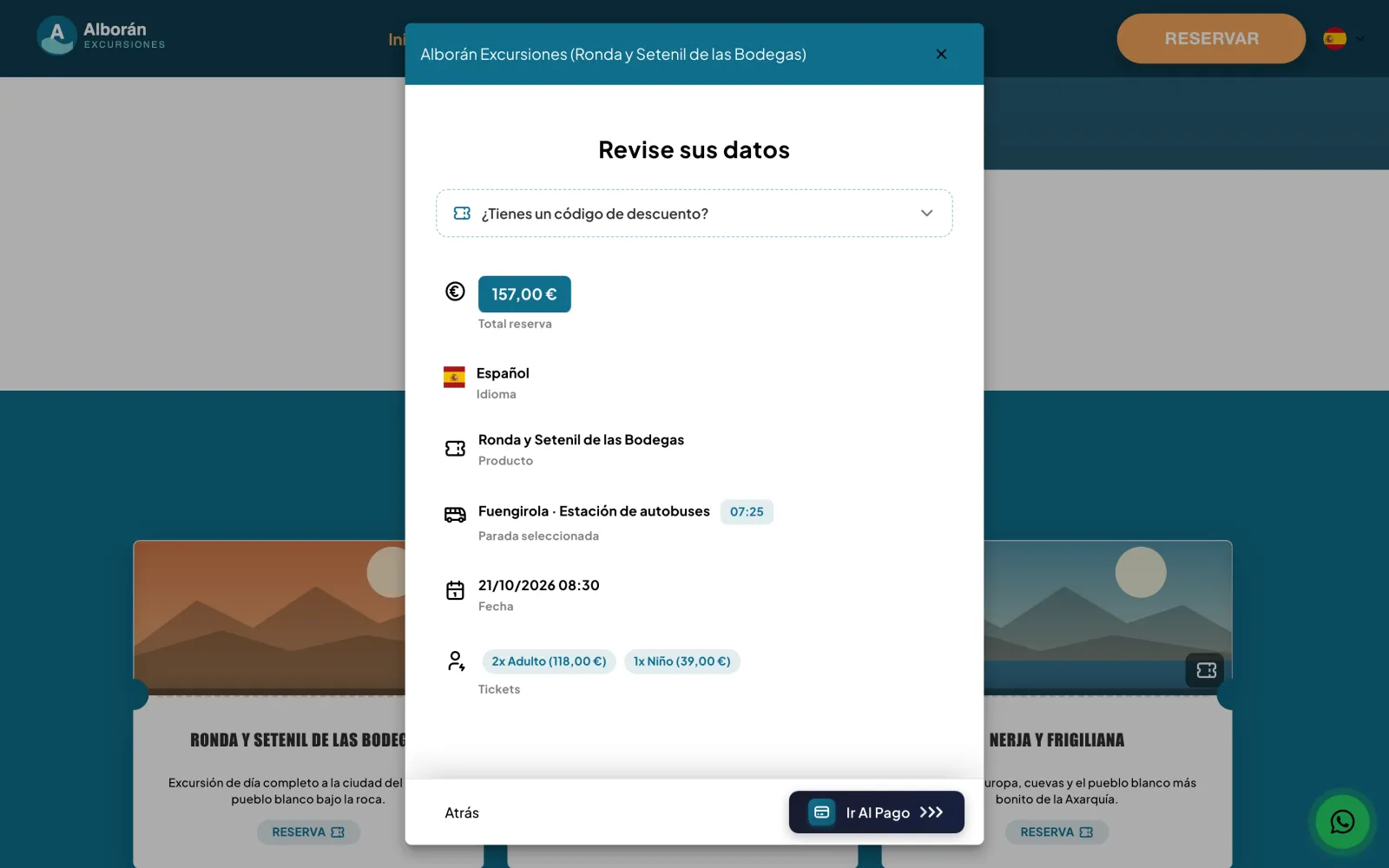 Resumen antes de pagar: código de descuento, total, idioma, producto, parada, fecha y entradas