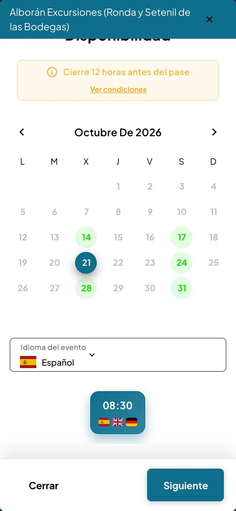 Calendario de disponibilidad en el móvil con el idioma del evento y la hora del pase