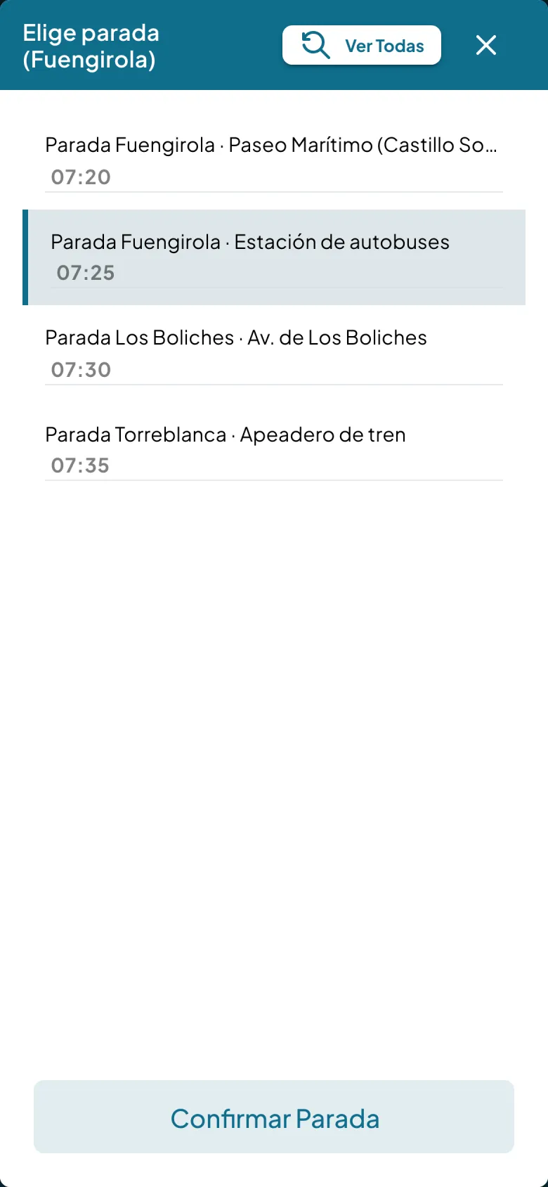 Lista de paradas de recogida en el móvil con su hora