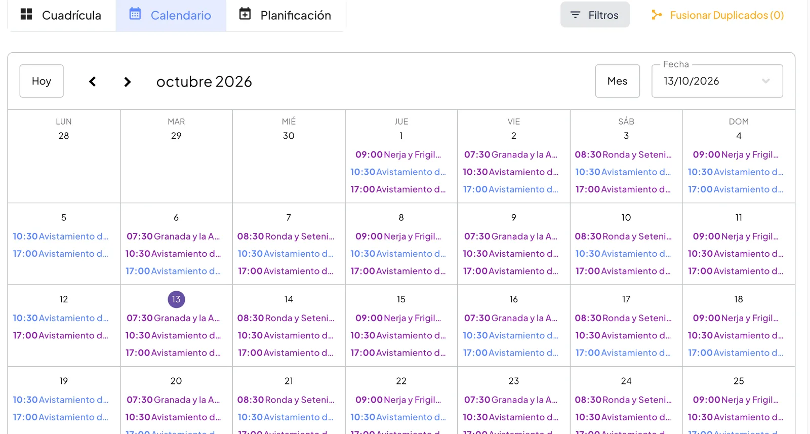 Calendario mensual de eventos con los pases de cada día y su hora