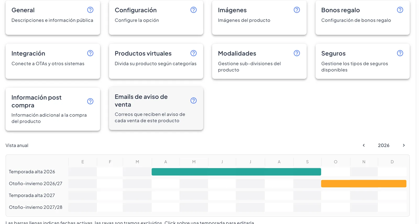 Ficha de un producto con sus apartados (general, imágenes, modalidades, seguros, bonos regalo) y la vista anual de temporadas