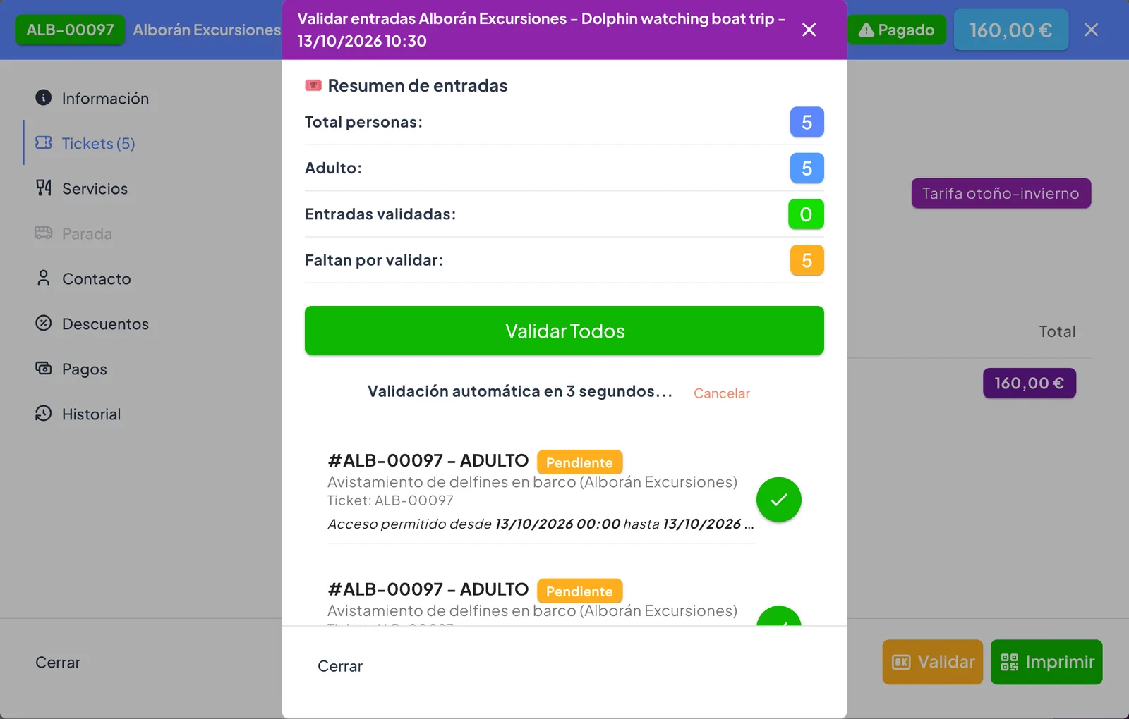 Validación de entradas de una reserva tras leer su QR: resumen de personas y botón Validar todos